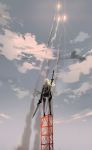 1girl amei_zhao back clouds elbow_gloves gloves holding holding_sword holding_weapon lens_flare long_hair miniskirt nier_(series) nier_automata skirt sky smoke_trail solo standing sword thigh-highs weapon white_hair yorha_type_a_no._2 