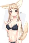  1girl :p animal_ears arm_at_side bangs bare_arms bare_shoulders black_bra black_panties blonde_hair blunt_bangs blush bra breasts cleavage closed_mouth collarbone cowboy_shot eyebrows_visible_through_hair fingernails fox_ears fox_tail hand_on_own_chest heart highres lingerie long_hair looking_at_viewer medium_breasts navel original panties standing stomach straight_hair tail tareme tongue tongue_out two-tone_background umeno_(shio1205) underwear underwear_only very_long_hair violet_eyes 