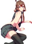  10s 1girl ahoge aran_sweater backless_outfit bangs bare_back bare_shoulders black_legwear blush breasts brown_hair commentary_request dress eyebrows_visible_through_hair hair_between_eyes halterneck kantai_collection kongou_(kantai_collection) konkito long_hair looking_at_viewer lying medium_breasts meme_attire naked_sweater no_shoes on_side open-back_dress parted_lips ribbed_sweater sideboob simple_background solo sweater sweater_dress thigh-highs thighs turtleneck turtleneck_sweater violet_eyes virgin_killer_sweater white_background 