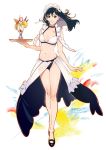  1girl :d arm_at_side bare_legs bare_shoulders bikini black_bikini_bottom black_choker black_eyes black_hair black_shoes blush breasts cleavage collarbone commentary_request copyright_request dress floating_hair frills full_body grin heart kaisen long_hair maid_bikini mary_janes medium_breasts multicolored multicolored_background navel no_socks open_mouth original parted_lips see-through shoes smile solo stomach sundress swimsuit tareme waist_cape waitress white_bikini_top 