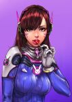  1girl absurdres bangs bodysuit breasts brown_hair candy d.va_(overwatch) eyebrows_visible_through_hair facepaint food gloves gtolin_chang hair_over_one_eye headphones high_collar highres lips lollipop long_hair medium_breasts overwatch pilot_suit pink_lips purple_background ribbed_bodysuit skin_tight solo swept_bangs tongue whisker_markings white_gloves 
