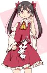  1girl :o ascot black_hair brown_hair chinako1075 commentary detached_sleeves gohei hakurei_reimu highres long_hair long_twintails looking_at_viewer red_eyes signature skirt solo touhou twintails vest 