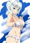  10s 1girl absurdres bikini bikini_skirt blue_eyes blush breasts carmine_(ucdio) cleavage cowboy_shot frilled_bikini frills front-tie_top graphite_(medium) highres kantai_collection kashima_(kantai_collection) large_breasts long_hair looking_at_viewer mechanical_pencil navel pencil silver_hair smile solo swimsuit traditional_media twintails white_bikini 
