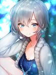  1girl anastasia_(idolmaster) blue_eyes blush breasts cleavage earrings eyebrows_visible_through_hair idolmaster idolmaster_cinderella_girls idolmaster_cinderella_girls_starlight_stage jewelry looking_at_viewer medium_breasts mia_(miaflocon) short_hair silver_hair sitting smile solo 