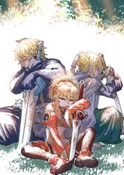  1girl 2boys bedivere_(fate/grand_order) black_legwear blonde_hair blush boots braid cape clarent closed_eyes detached_sleeves fate/extra fate/grand_order fate_(series) french_braid gawain_(fate/extra) hair_ornament hair_scrunchie holding holding_sword holding_weapon leaning_on_object multiple_boys navel open_mouth outdoors planted_sword planted_weapon ponytail saber_of_red scrunchie short_hair sidelocks sitting_on_ground sleeping sword thigh-highs tsuru_(clainman) weapon white_cape 