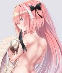  1boy ass bare_back bird blush bow butt_crack eagle fate/apocrypha fate_(series) hair_bow hair_down hair_ribbon highres i.f.s.f long_hair looking_back male_focus pink_hair profile ribbon rider_of_black solo towel trap violet_eyes 