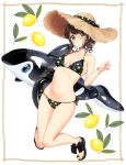  1girl absurdres bangs bare_arms bare_legs bare_shoulders bikini black_bikini blush border bow breasts brown_hair brown_hat cleavage closed_mouth collarbone commentary_request food fruit green_eyes halterneck hat hat_bow highres holding inflatable_dolphin inflatable_toy jumping knees_together_feet_apart leaf lemon_print looking_at_viewer medium_breasts nail_polish navel original sandals short_hair simple_background smile solo stomach straw_hat swept_bangs swimsuit tareme umeno_(shio1205) wavy_hair white_background yellow_nails 