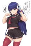  1girl alp bangs blue_eyes blue_hair blunt_bangs contemporary contrapposto cowboy_shot eyebrows_visible_through_hair fate/grand_order fate_(series) hair_ribbon hair_tucking long_hair looking_at_viewer midriff navel open_mouth pleated_skirt red_legwear ribbon saint_martha school_uniform serafuku shirt_tug simple_background skindentation skirt smile solo speech_bubble sweatdrop thigh-highs translation_request very_long_hair white_background 