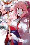  1girl artist_name blush breasts cape cherry_blossoms dated fingerless_gloves fire_emblem fire_emblem_if gloves hairband japanese_clothes kimono kinokisaki looking_at_viewer nontraditional_miko open_mouth pink_hair red_eyes sakura_(fire_emblem_if) short_hair solo staff upper_body white_gloves 