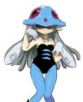  1girl animal_hat blue_hat blue_legwear brown_eyes company_connection cosplay drawfag flat_chest gloves hat inkling leotard nintendo pointy_ears pokemon solo splatoon standing tentacle_hair tentacruel tentacruel_(cosplay) white_gloves 