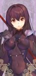  1girl bodysuit breasts covered_navel eyebrows_visible_through_hair fate/grand_order fate_(series) hair_between_eyes hand_on_own_shoulder long_hair looking_at_viewer medium_breasts open_mouth pauldrons pink_eyes polearm purple_bodysuit purple_hair scathach_(fate/grand_order) shovelwell solo spear very_long_hair weapon 