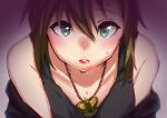  1girl apple_(artist) bare_shoulders black_tank_top blush brown_hair close-up green_eyes idolmaster idolmaster_cinderella_girls jewelry lips looking_at_viewer parted_lips red_lips short_hair solo sweat tada_riina 