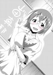  1girl blush bompay breasts cleavage dutch_angle eyebrows_visible_through_hair glasses infinite_stratos large_breasts monochrome open_mouth short_hair short_sleeves smile solo spot_color translated yamada_maya_(infinite_stratos) 