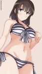 1girl :o arm_at_side bangs bare_arms bare_shoulders beige_background bikini blunt_bangs blush bow breasts brown_eyes brown_hair cleavage collarbone commentary_request cowboy_shot eyebrows_visible_through_hair from_below front-tie_bikini front-tie_top katou_megumi long_hair looking_at_viewer looking_down medium_breasts parted_lips saenai_heroine_no_sodatekata short_hair side-tie_bikini simple_background solo standing striped striped_bow swimsuit tareme tasora twitter_username 