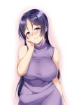  1girl arm_at_side bangs bare_shoulders blush breasts commentary_request eyebrows_visible_through_hair fate_(series) hand_on_own_face head_tilt highres large_breasts long_hair looking_at_viewer minamoto_no_raikou_(fate/grand_order) parted_bangs parted_lips simple_background sleeveless sleeveless_turtleneck smile solo spicy_moo sweater teeth turtleneck turtleneck_sweater very_long_hair violet_eyes 