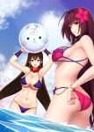  adjusting_clothes adjusting_swimsuit arms_up ass ball beachball bikini blue_sky breasts brown_hair cleavage day dutch_angle earrings fate/grand_order fate_(series) flower from_behind hair_flower hair_ornament hoop_earrings jewelry large_breasts lintanghaseo long_hair looking_at_viewer looking_back nail_polish navel necklace outdoors purple_hair red_eyes scathach_(fate/grand_order) scathach_(swimsuit_assassin)_(fate) sideboob sky string_bikini swimsuit wading wet xuanzang_(fate/grand_order) 