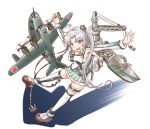  1girl ahoge aircraft airplane akitsushima_(kantai_collection) anchor armpits flying_boat green_skirt hair_ribbon kantai_collection karasu_(naoshow357) long_hair machinery nishikitaitei-chan open_mouth outstretched_arms pleated_skirt purple_hair ribbon shadow side_ponytail sidelocks skirt solo spread_arms thigh-highs violet_eyes white_legwear 