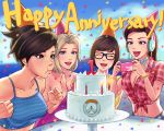  4girls :d ^_^ anniversary blonde_hair blowing blue_eyes breasts brown_eyes brown_hair cake candle casual cleavage closed_eyes collarbone cruiser_d.va d.va_(overwatch) english food freckles front-tie_top glasses hat headphones lipstick long_hair makeup medium_breasts mei_(overwatch) mercy_(overwatch) multiple_girls open_mouth outdoors overwatch party_hat ponytail short_hair smile tracer_(overwatch) umigraphics 