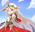  1girl aqua_eyes black_gloves center_opening dress glasses gloves granblue_fantasy harbin long_hair necktie neri_gozu pointy_ears sky very_long_hair white_hair wide_sleeves zahlhamelina 