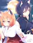  1boy 1girl :3 animal_ears bangs black_hair blonde_hair blurry blush breasts chita_(ketchup) clouds depth_of_field eyebrows_visible_through_hair fox_ears fox_tail full_moon hair_between_eyes hakama highres hikimayu holding holding_sword holding_weapon japanese_clothes looking_at_viewer medium_breasts miko moon night night_sky original outdoors parted_lips paw_pose petals red_eyes red_hakama short_hair sidelocks signature sky sleeveless smile star_(sky) sword tail twitter_username weapon wide_sleeves 