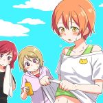  3girls black_shirt blush bottle clouds cloudy_sky commentary_request holding holding_bottle holding_towel hood hood_down hoshizora_rin itsuki_kuro jitome koizumi_hanayo light_brown_hair love_live! love_live!_school_idol_project midriff multiple_girls navel nishikino_maki open_mouth orange_hair outline redhead shirt shirt_lift short_hair short_sleeves sky staring sweat tank_top upper_body violet_eyes white_outline white_shirt yellow_eyes 