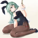  1girl :&gt; animal_ears bare_shoulders bow bowtie breasts brown_legwear cleavage closed_mouth dd_(ijigendd) detached_collar eyebrows_visible_through_hair fake_animal_ears full_body green_eyes green_hair hair_ornament hairband hairclip head_tilt high_heels highres kantai_collection large_breasts leotard long_hair looking_at_viewer pantyhose pantyhose_pull rabbit_ears simple_background sitting smile solo suzuya_(kantai_collection) wariza wrist_cuffs 