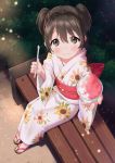  1girl akagi_miria alternate_costume bench black_hair blush closed_mouth commentary dirt_road eyebrows_visible_through_hair feet floral_print food foreshortening from_above furururu geta grey_eyes hair_between_eyes holding holding_food holding_spoon idolmaster idolmaster_cinderella_girls japanese_clothes kimono light_particles looking_at_viewer night no_socks obi outdoors outstretched_arm plant pov pov_feeding sash shaved_ice short_eyebrows short_hair short_twintails sitting smile solo spoon sunflower_print toes twintails white_kimono 