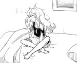  1girl arm_support barefoot bed blanket bloomers camisole closed_eyes dairi indian_style kirisame_marisa long_hair messy_hair monochrome off_shoulder parted_lips pillow sitting sleepy slovenly solo touhou underwear waking_up wavy_hair window 