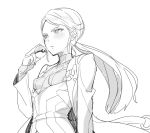  1girl akira_(natsumemo) androgynous blanche_(pokemon) breasts greyscale jacket long_hair low_ponytail monochrome poke_ball pokemon pokemon_go ponytail simple_background small_breasts solo turtleneck upper_body white_background 