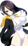  1girl akemaru bangs black_hair breasts brown_eyes commentary_request emperor_penguin_(kemono_friends) hair_over_one_eye headphones highleg highleg_leotard highres hood hoodie kemono_friends large_breasts leotard long_hair multicolored_hair open_clothes open_hoodie open_mouth simple_background solo thigh-highs white_background white_legwear white_leotard 