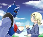  1boy 1girl bangs black_necktie blonde_hair blue_eyes blue_sweater closed_mouth clouds cloudy_sky crossover cup darjeeling day dress_shirt girls_und_panzer holding kinnikuman light_smile long_sleeves looking_at_another nanamatsu_kenji necktie outdoors robin_mask saucer school_uniform shirt short_hair sky st._gloriana&#039;s_school_uniform steam sweater teacup tied_hair upper_body v-neck white_shirt 