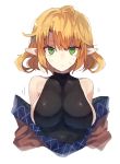  1girl bangs bare_shoulders bei_mochi blonde_hair breasts green_eyes jacket jacket_removed large_breasts looking_at_viewer mizuhashi_parsee pointy_ears short_hair sleeveless sleeveless_turtleneck solo sweatdrop touhou turtleneck white_background 