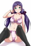  1girl aqua_eyes black_legwear blush bra breasts commentary_request hair_tie hand_in_hair highres lace lace-trimmed_bra lace-trimmed_panties large_breasts long_hair looking_at_viewer love_live! love_live!_school_idol_project midriff navel panties purple_hair purple_scrunchie sitting smile solo spread_legs thigh-highs toujou_nozomi twintails underwear underwear_only white_background wristband yopparai_oni 