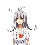  10s 1girl ? ahoge breasts clothes_writing gangut_(kantai_collection) kagami_(kagamina) kantai_collection large_breasts long_hair looking_at_viewer red_eyes scar scar_on_cheek shirt solo translated white_background white_shirt 