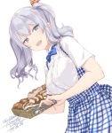  10s 1girl alternate_costume artist_name blue_eyes bread breasts collared_shirt food hair_between_eyes kantai_collection kashima_(kantai_collection) koubeya_uniform large_breasts leaning_forward open_mouth rokuwata_tomoe shirt signature silver_hair simple_background tongs tsurime twintails twitter_username upper_body wavy_hair white_shirt 