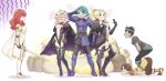  3boys 3girls alm_(fire_emblem) armor armored_boots black_hair black_wings blonde_hair blush boots bow braid breasts brown_eyes brown_hair cape celica_(fire_emblem) center_opening clair_(fire_emblem) cleavage closed_eyes crown dark_skin dress effie_(fire_emblem) feathered_wings fire_emblem fire_emblem_echoes:_mou_hitori_no_eiyuuou full_body gloves gold green_eyes green_hair grey_(fire_emblem) groin hand_behind_head headband heart high_heels highres jealous jewelry long_hair medium_breasts multiple_boys multiple_girls open_mouth ponytail red_eyes redhead revealing_clothes smile surprised sweatdrop thigh-highs thigh_boots tiara tobin_(fire_emblem) tuqi_pix twin_braids wings 