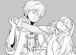  1boy 1girl cape closed_eyes couple dancing fire_emblem fire_emblem:_kakusei fire_emblem_heroes gloves hood long_hair lucina male_my_unit_(fire_emblem:_kakusei) monochrome my_unit_(fire_emblem:_kakusei) sayoyonsayoyo short_hair smile white_hair 