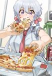  1girl artist_signature blush can cardboard eating food food_on_face hair_ornament hair_scrunchie holding holding_food indoors long_hair necktie pizza red_necktie scrunchie senki_zesshou_symphogear short_sleeves silver_hair soda_can solo teeth twintails tyuga violet_eyes yukine_chris 