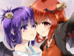  2girls bare_shoulders bat_hair_ornament blazer cheek-to-cheek choker demon_horns demon_wings earrings gabriel_dropout hair_ornament hair_rings heart heart_tattoo highres horns jacket jewelry kurumizawa_satanichia_mcdowell looking_at_viewer multiple_girls outstretched_arm polo_shirt purple_hair red_eyes red_shirt redhead sazanka shirt short_hair skull_necklace smile smirk tattoo topknot tsukinose_vignette_april upper_body violet_eyes wings x_hair_ornament 