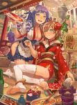  2girls alcohol anklet apron ass bangs bare_shoulders barefoot bell blue_eyes blunt_bangs blush bottle breasts brown_hair cherry_blossoms cleavage commentary corset crescent crescent_moon_pin cup fish food frilled_apron frills hair_flaps hair_ornament heterochromia holding holding_bottle holding_cup japanese_clothes jewelry kimono large_breasts looking_at_viewer multiple_girls obi open_mouth original p_shiki purple_hair sakazuki sake sash short_hair side_cut side_cutout smile toeless_legwear toes violet_eyes waist_apron white_legwear white_pupils wide_sleeves wrist_cuffs yellow_eyes 