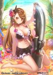  &gt;:) 1girl arm_support bangle bangs bare_legs barefoot beach bikini bikini_skirt black_bikini bracelet breasts brown_eyes brown_hair cleavage feet flower frilled_bikini frills front-tie_top hair_flower hair_ornament huge_weapon jewelry large_breasts lens_flare long_hair long_legs navel outdoors pop_kyun qurare_magic_library sitting smile solo swept_bangs swimsuit toes very_long_hair wariza weapon 