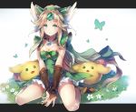  1girl blonde_hair blush breasts brown_gloves brown_hair cleavage cleavage_cutout deecha elbow_gloves eyebrows_visible_through_hair fingerless_gloves full_body gem gloves green_eyes jewelry large_breasts long_hair looking_at_viewer necklace rabite riesz seiken_densetsu seiken_densetsu_3 seiza sitting smile solo very_long_hair 