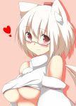 1girl animal_ears bare_shoulders bespectacled blush breasts detached_sleeves female glasses hat heart highres inubashiri_momiji large_breasts looking_at_viewer midriff mii_(makosuke) no_bra pink_background pink_eyes shirt shirt_lift short_hair silver_hair simple_background smile solo tail tokin_hat touhou under_boob upper_body wolf_ears wolf_tail 