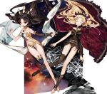  2girls bare_shoulders black_hair blonde_hair breasts cape closed_eyes crown earrings ereshkigal_(fate/grand_order) fate/grand_order fate_(series) hair_ribbon hoop_earrings ishtar_(fate/grand_order) jewelry judy6241 long_hair looking_at_viewer multiple_girls open_mouth red_cape red_eyes red_ribbon ribbon single_thighhigh skull space thigh-highs tiara tohsaka_rin toosaka_rin twintails 
