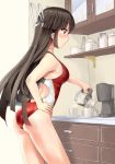  1girl ass black_hair coffee_maker_(object) competition_swimsuit cowboy_shot cup cupboard drawer hair_ribbon hand_on_hip highres hime_cut hiyou_(kantai_collection) kantai_collection long_hair mug one-piece_swimsuit profile red_eyes red_swimsuit ribbon swimsuit takaoka_nanase white_ribbon 
