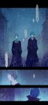  2boys blue_eyes blue_hair coat comic fabri hands_in_pockets highres multiple_boys original pixiv_fantasia pixiv_fantasia_fallen_kings rain town translation_request walking yellow_eyes 