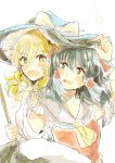  2girls ascot black_eyes black_hair blonde_hair blush bow broom commentary d: detached_sleeves dress fang hair_bow hair_tubes hakurei_reimu hat kirisame_marisa long_hair medium_hair messy_hair multiple_girls open_mouth shared_hat sweat touhou wavy_hair witch_hat yellow_eyes 