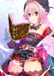  1boy bare_shoulders belt blush braid coat cosplay detached_sleeves fang fate/apocrypha fate/grand_order fate_(series) frills hair_ribbon hat helena_blavatsky_(fate/grand_order) helena_blavatsky_(fate/grand_order)_(cosplay) long_hair male_focus open_mouth p_answer pink_hair ribbon rider_of_black single_braid solo strapless thigh-highs trap violet_eyes 
