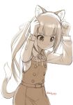  10s 1girl animal_ears arms_up bell belt blush buttons cat_ears cat_tail collared_shirt commentary cowboy_shot dress ebifly eyebrows_visible_through_hair hair_ribbon kantai_collection kasumi_(kantai_collection) long_hair long_sleeves monochrome neck_ribbon nose_blush pinafore_dress remodel_(kantai_collection) ribbon school_uniform shirt side_ponytail simple_background solo sweat sweatdrop tail twitter_username white_background 