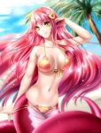  1girl beach bikini bikini_pull blue_sky breasts cleavage collarbone cowboy_shot fang_out gigamessy hair_ornament hairclip hand_in_hair lamia large_breasts light_particles long_hair looking_at_viewer miia_(monster_musume) monster_girl monster_musume_no_iru_nichijou navel o-ring_bikini orange_bikini outdoors palm_tree pointy_ears redhead scales sky slit_pupils smile solo swimsuit tree very_long_hair yellow_eyes 